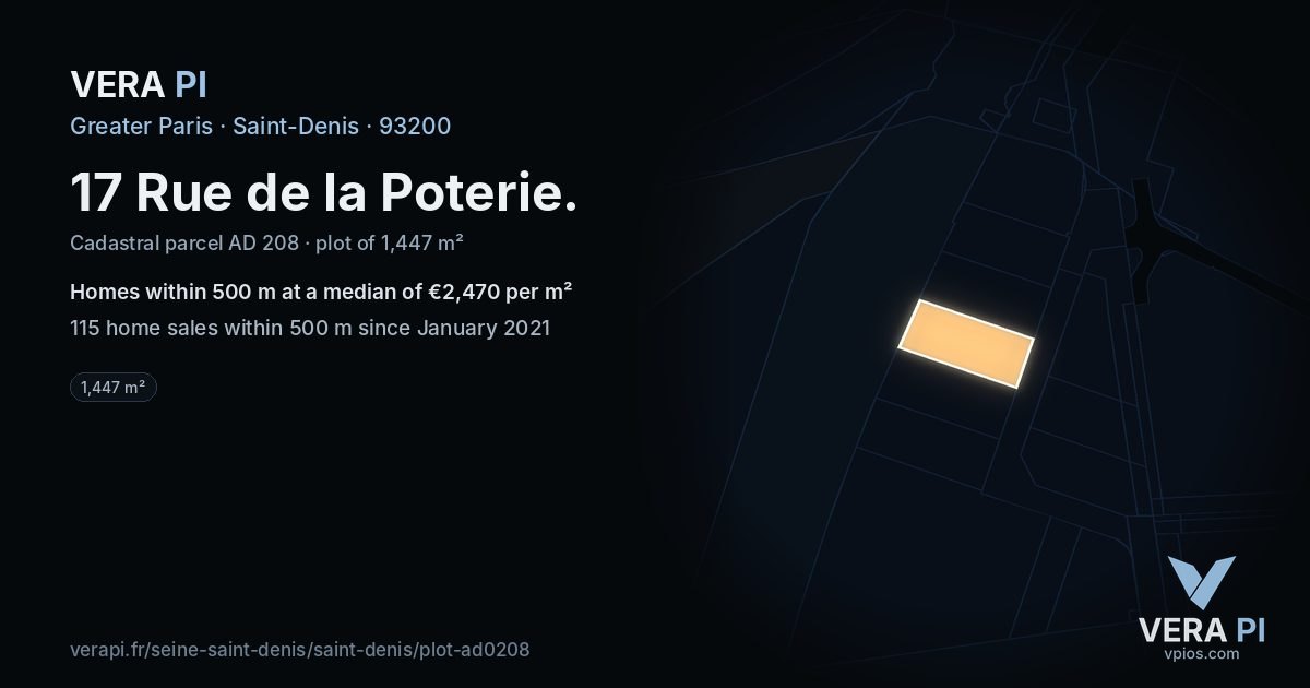17 Rue de la Poterie, Saint-Denis at night – the plot lit, the parcels around coloured by the prices near them