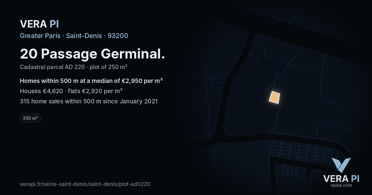 20 Passage Germinal, Saint-Denis at night – the plot lit, the parcels around coloured by the prices near them