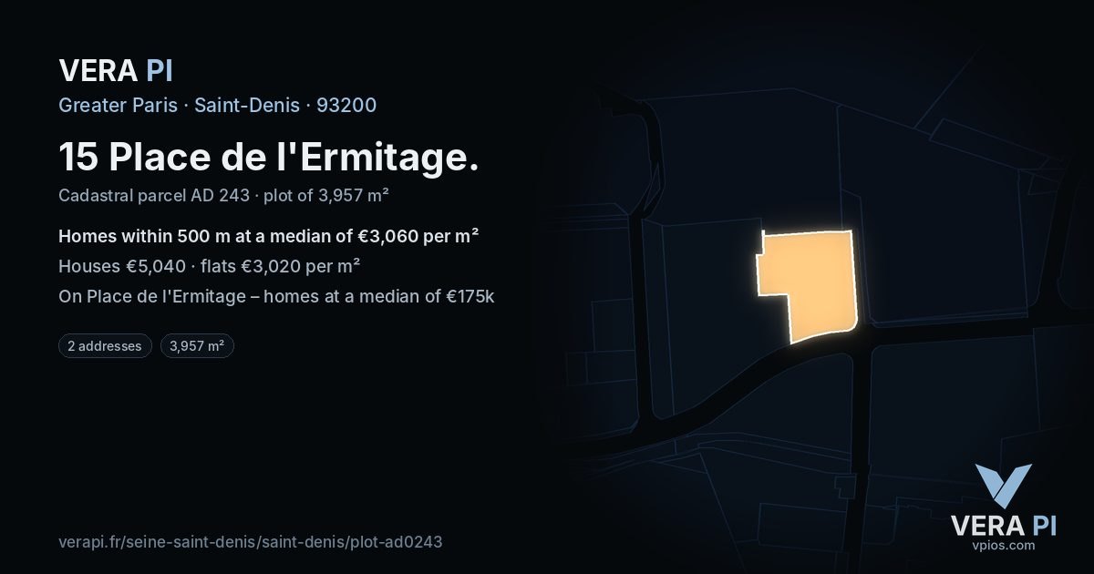 15 Place de l'Ermitage, Saint-Denis at night – the plot lit, the parcels around coloured by the prices near them