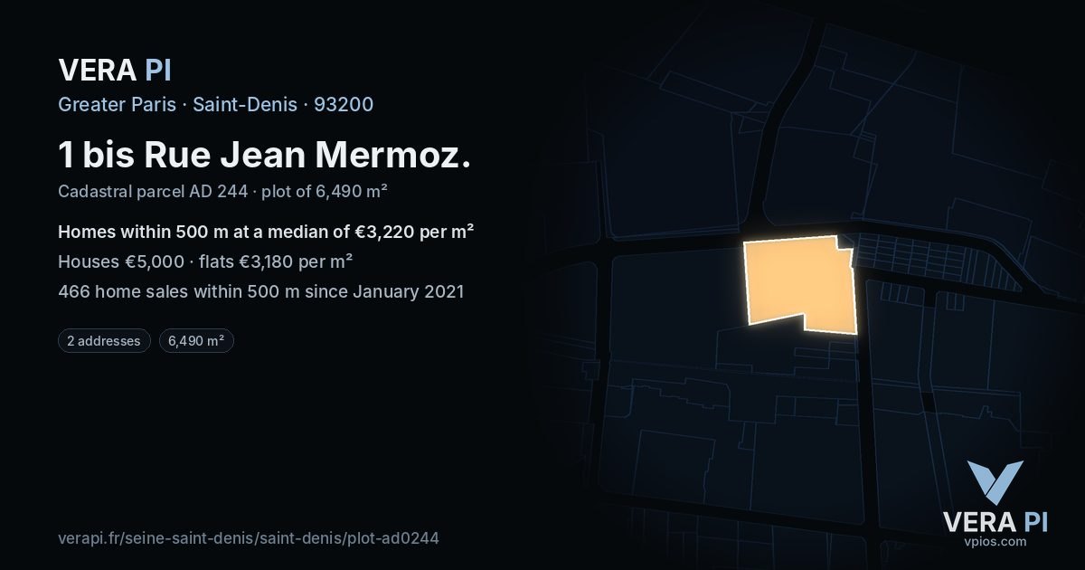 1 bis Rue Jean Mermoz, Saint-Denis at night – the plot lit, the parcels around coloured by the prices near them