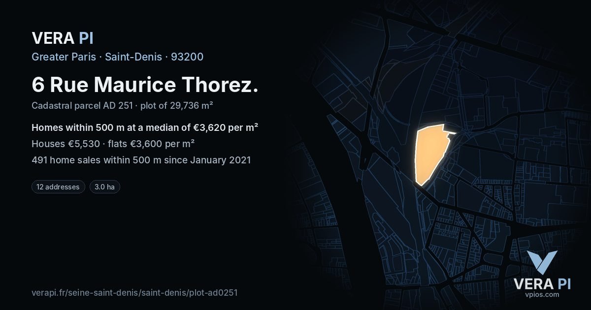 6 Rue Maurice Thorez, Saint-Denis at night – the plot lit, the parcels around coloured by the prices near them
