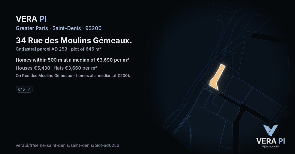 34 Rue des Moulins Gémeaux, Saint-Denis at night – the plot lit, the parcels around coloured by the prices near them