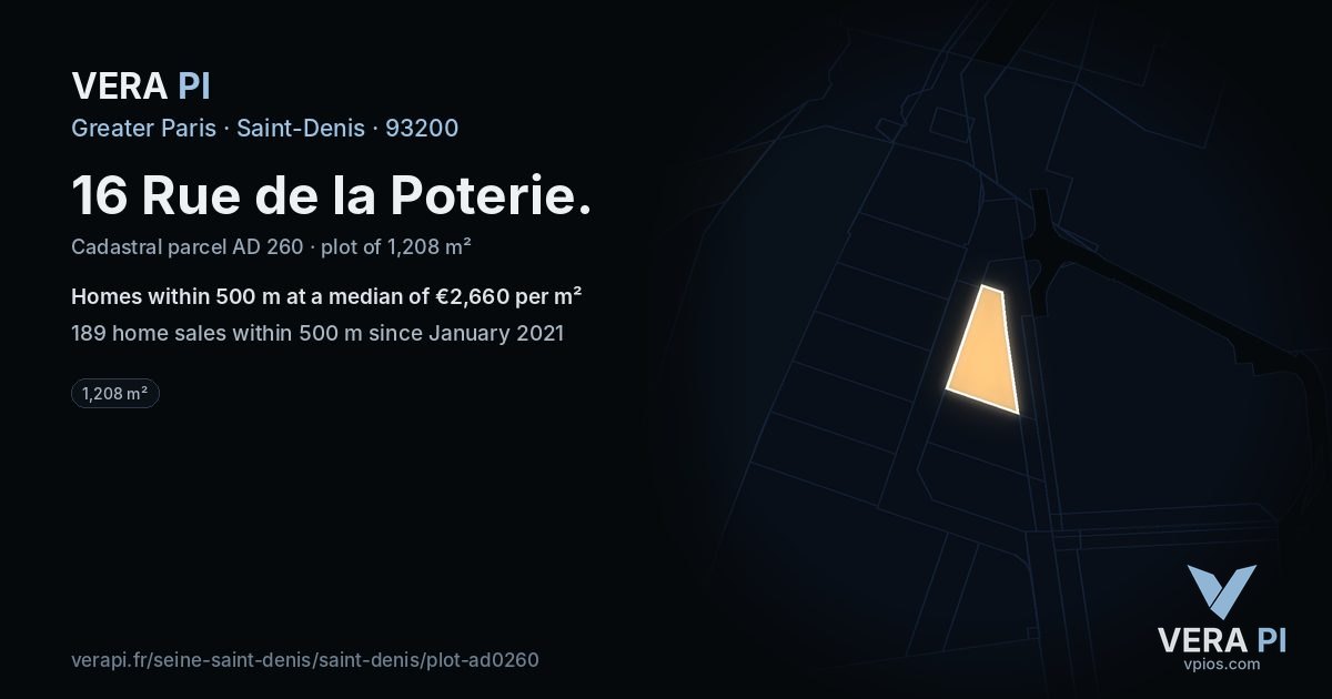 16 Rue de la Poterie, Saint-Denis at night – the plot lit, the parcels around coloured by the prices near them