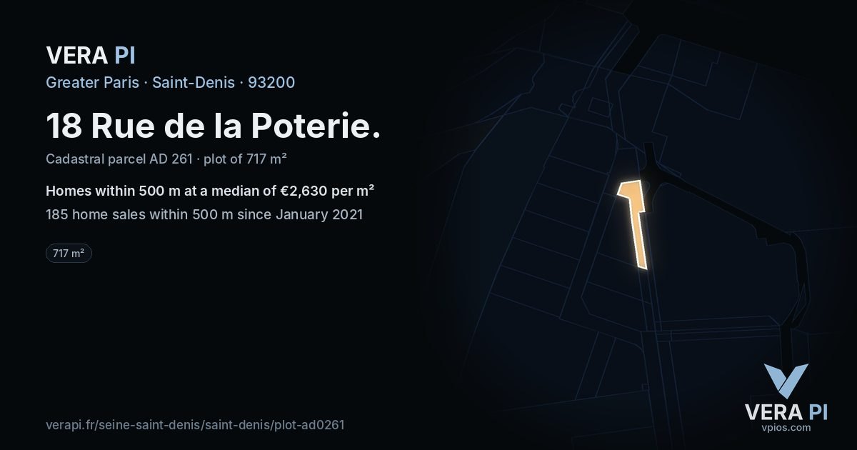 18 Rue de la Poterie, Saint-Denis at night – the plot lit, the parcels around coloured by the prices near them