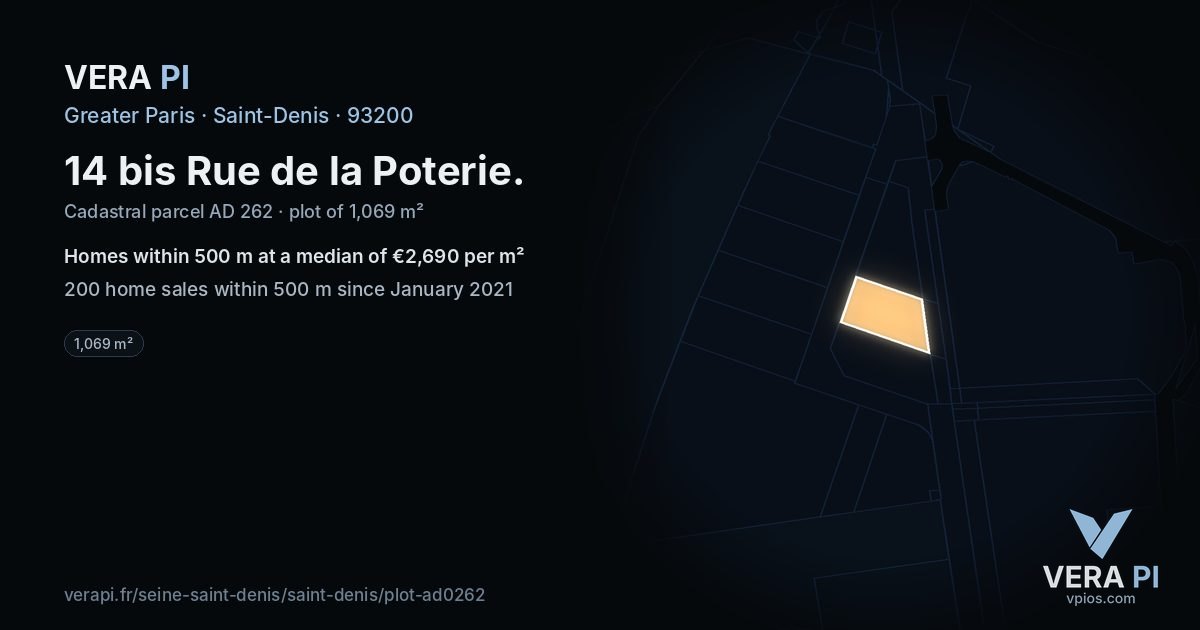 14 bis Rue de la Poterie, Saint-Denis at night – the plot lit, the parcels around coloured by the prices near them
