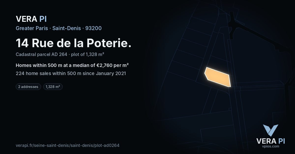 14 Rue de la Poterie, Saint-Denis at night – the plot lit, the parcels around coloured by the prices near them