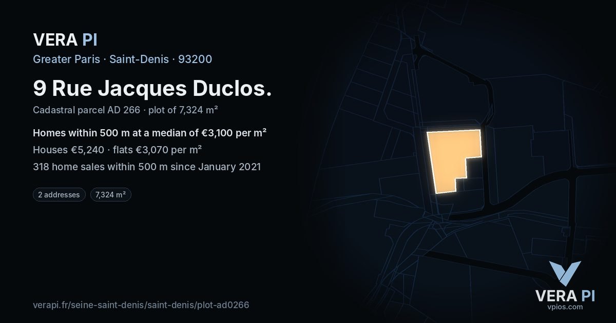9 Rue Jacques Duclos, Saint-Denis at night – the plot lit, the parcels around coloured by the prices near them