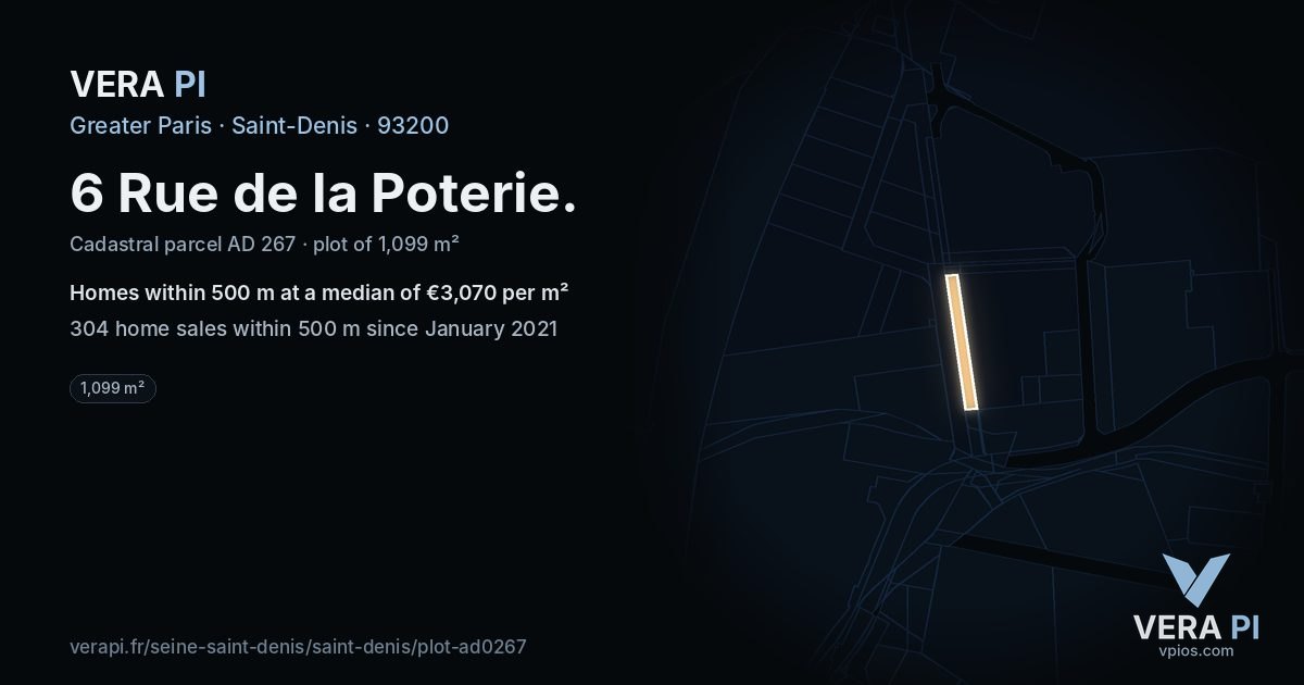 6 Rue de la Poterie, Saint-Denis at night – the plot lit, the parcels around coloured by the prices near them