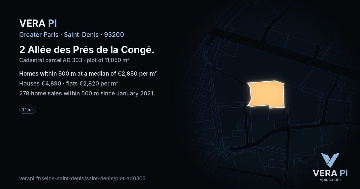 2 Allée des Prés de la Congé, Saint-Denis at night – the plot lit, the parcels around coloured by the prices near them