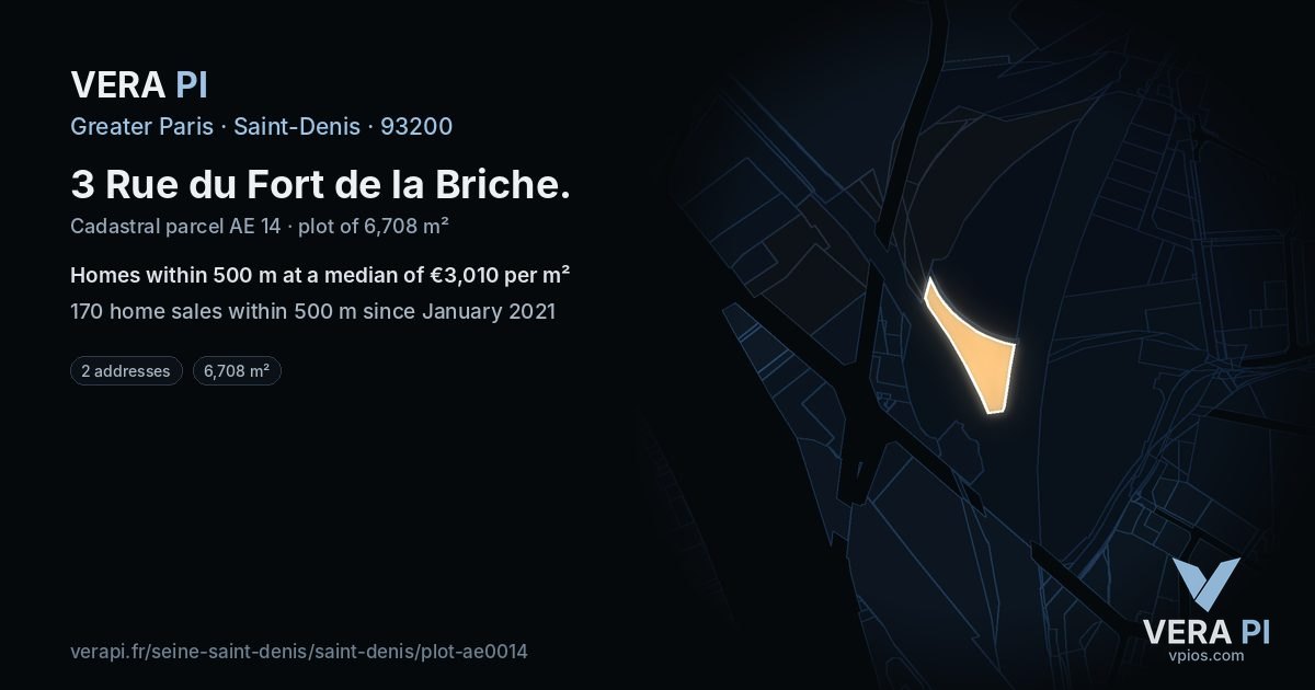 3 Rue du Fort de la Briche, Saint-Denis at night – the plot lit, the parcels around coloured by the prices near them