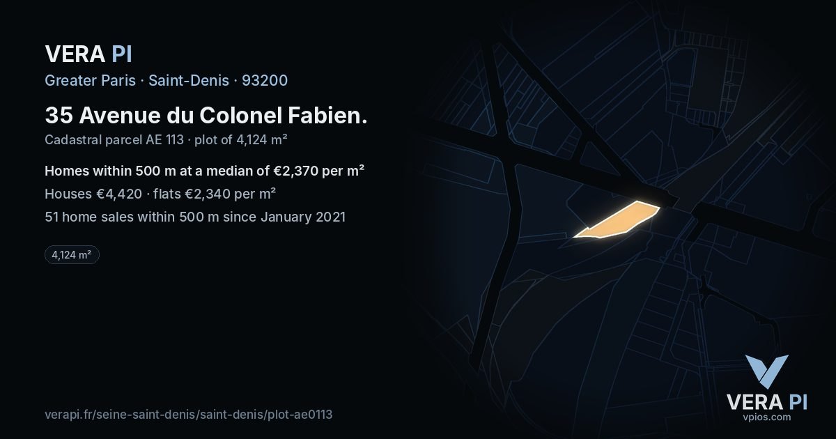 35 Avenue du Colonel Fabien, Saint-Denis at night – the plot lit, the parcels around coloured by the prices near them