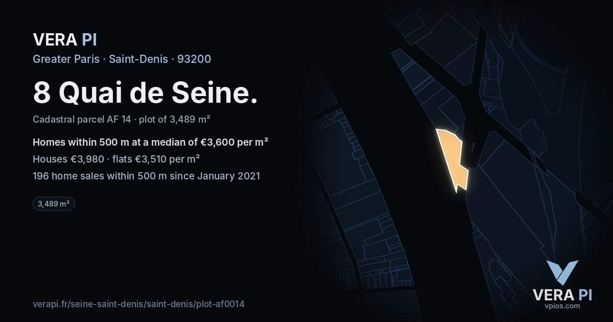 8 Quai de Seine, Saint-Denis at night – the plot lit, the parcels around coloured by the prices near them