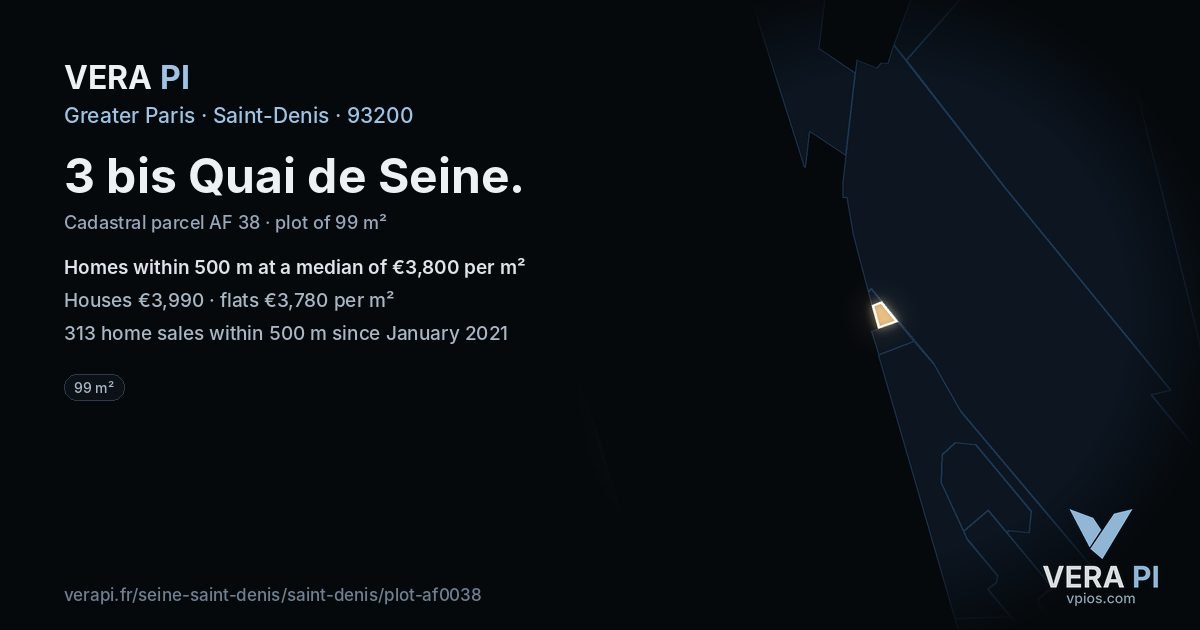 3 bis Quai de Seine, Saint-Denis at night – the plot lit, the parcels around coloured by the prices near them