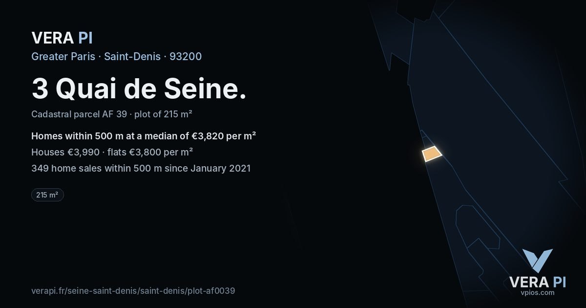 3 Quai de Seine, Saint-Denis at night – the plot lit, the parcels around coloured by the prices near them