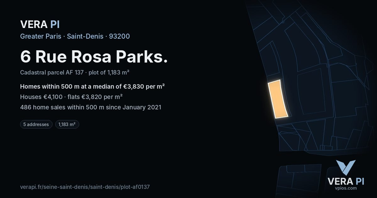 6 Rue Rosa Parks, Saint-Denis at night – the plot lit, the parcels around coloured by the prices near them