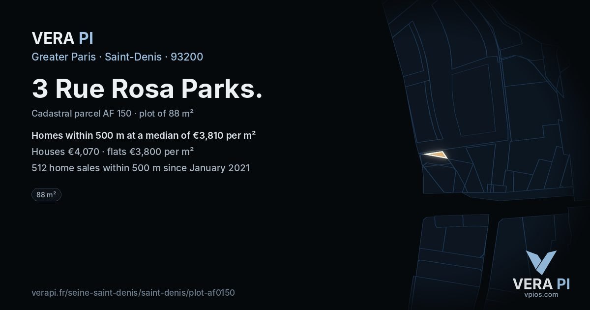 3 Rue Rosa Parks, Saint-Denis at night – the plot lit, the parcels around coloured by the prices near them