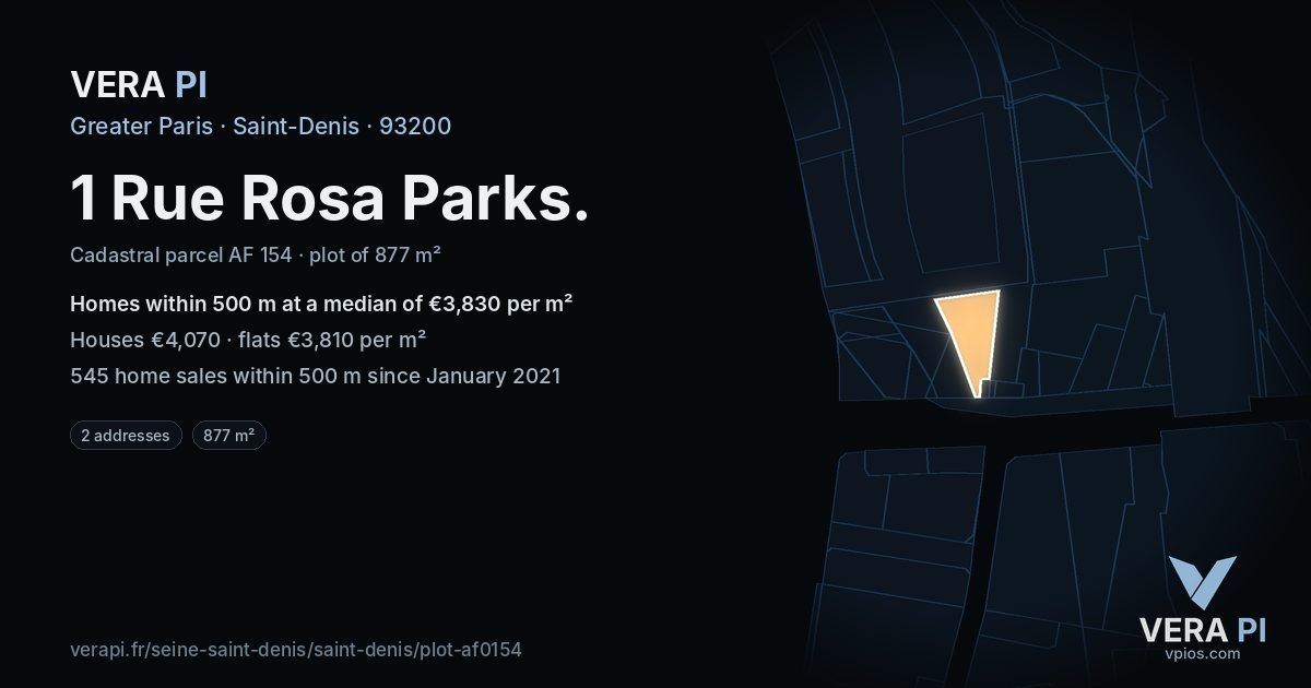 1 Rue Rosa Parks, Saint-Denis at night – the plot lit, the parcels around coloured by the prices near them