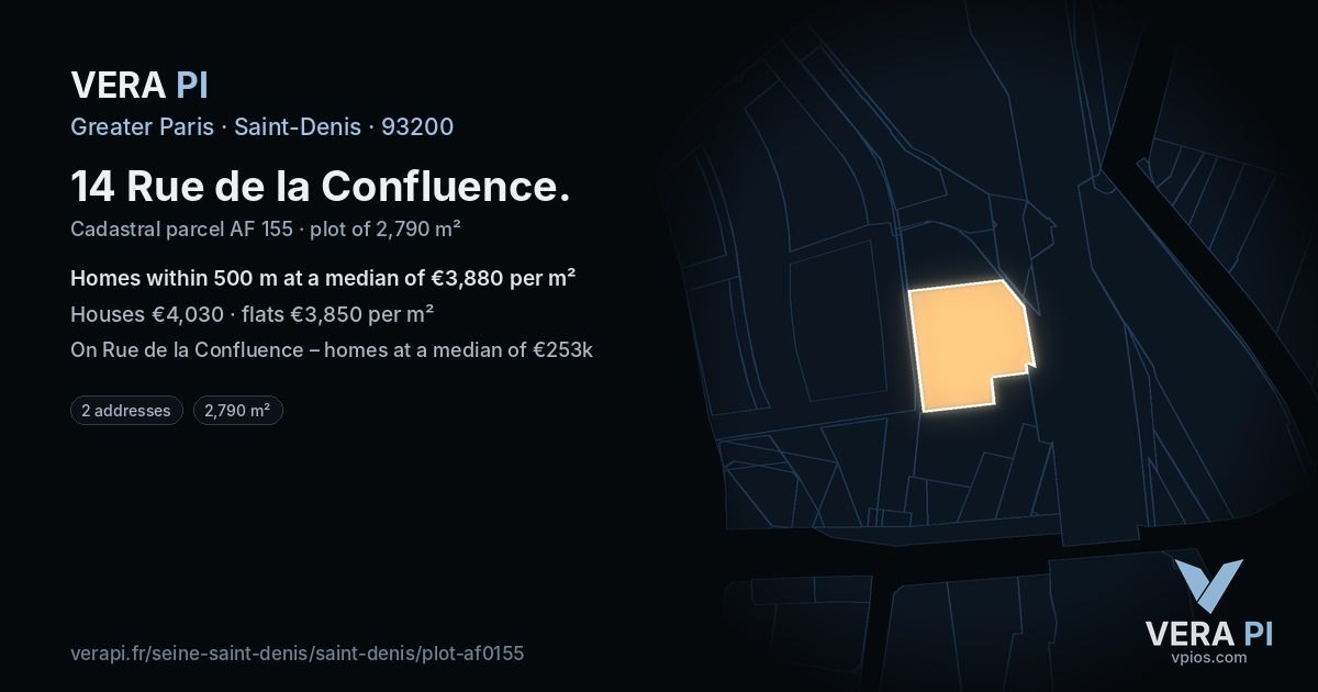 14 Rue de la Confluence, Saint-Denis at night – the plot lit, the parcels around coloured by the prices near them
