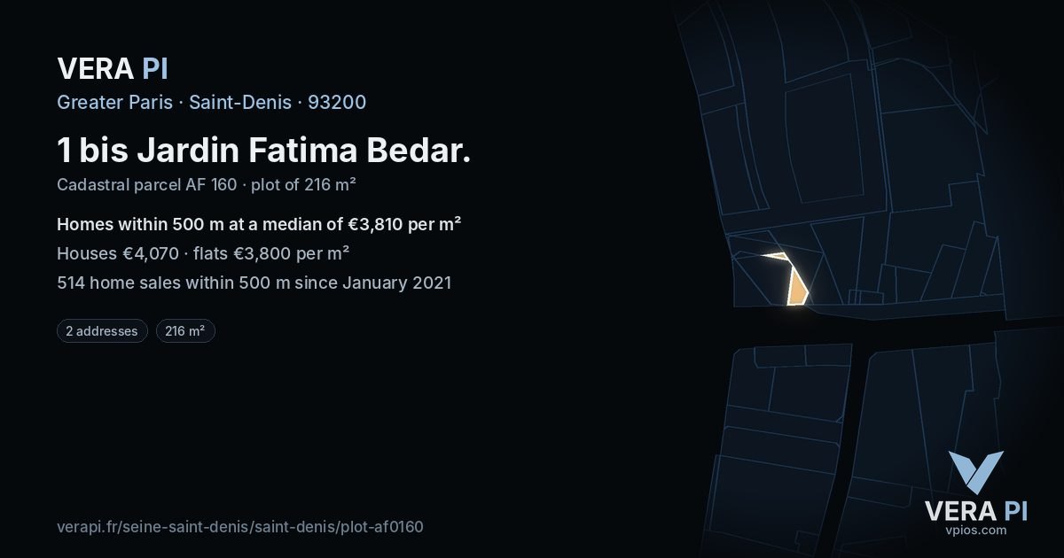 1 bis Jardin Fatima Bedar, Saint-Denis at night – the plot lit, the parcels around coloured by the prices near them