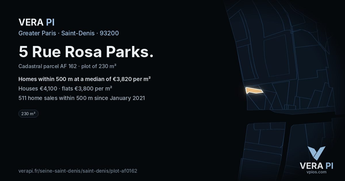 5 Rue Rosa Parks, Saint-Denis at night – the plot lit, the parcels around coloured by the prices near them