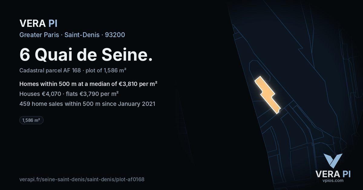 6 Quai de Seine, Saint-Denis at night – the plot lit, the parcels around coloured by the prices near them