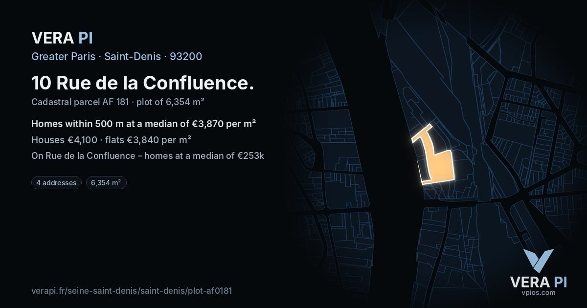 10 Rue de la Confluence, Saint-Denis at night – the plot lit, the parcels around coloured by the prices near them