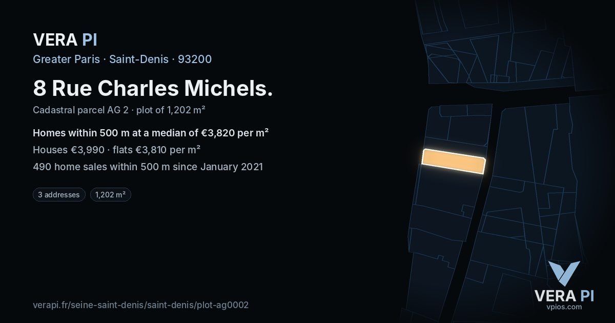 8 Rue Charles Michels, Saint-Denis at night – the plot lit, the parcels around coloured by the prices near them