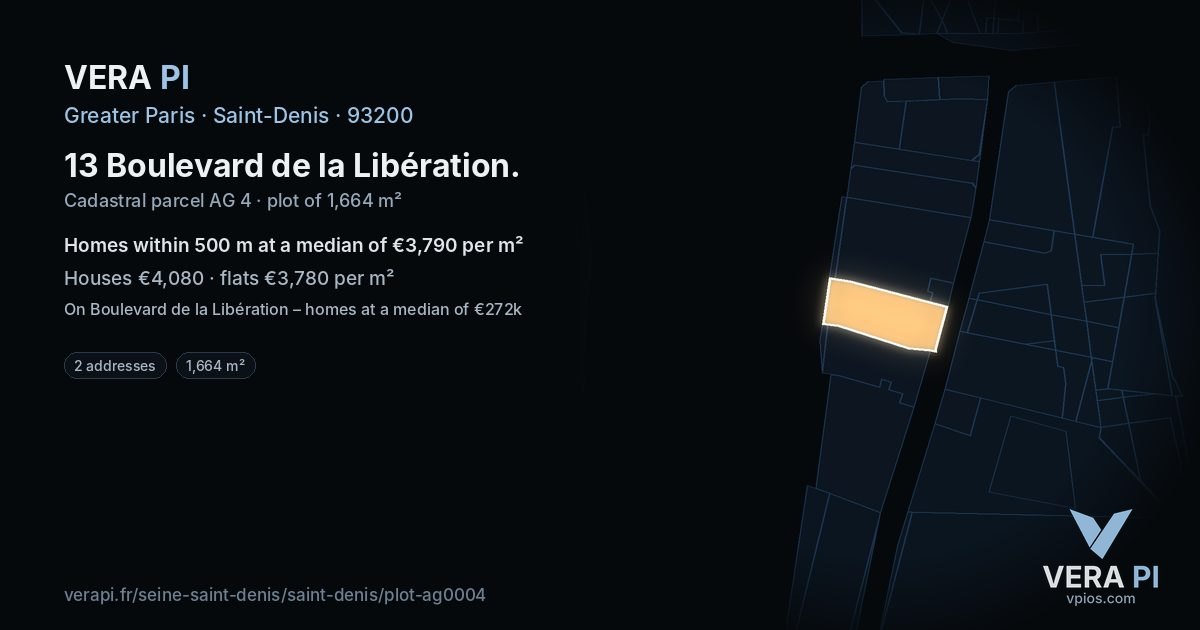 13 Boulevard de la Libération, Saint-Denis at night – the plot lit, the parcels around coloured by the prices near them