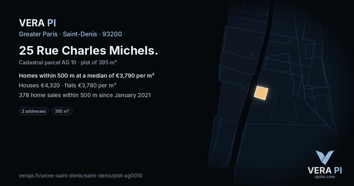 25 Rue Charles Michels, Saint-Denis at night – the plot lit, the parcels around coloured by the prices near them