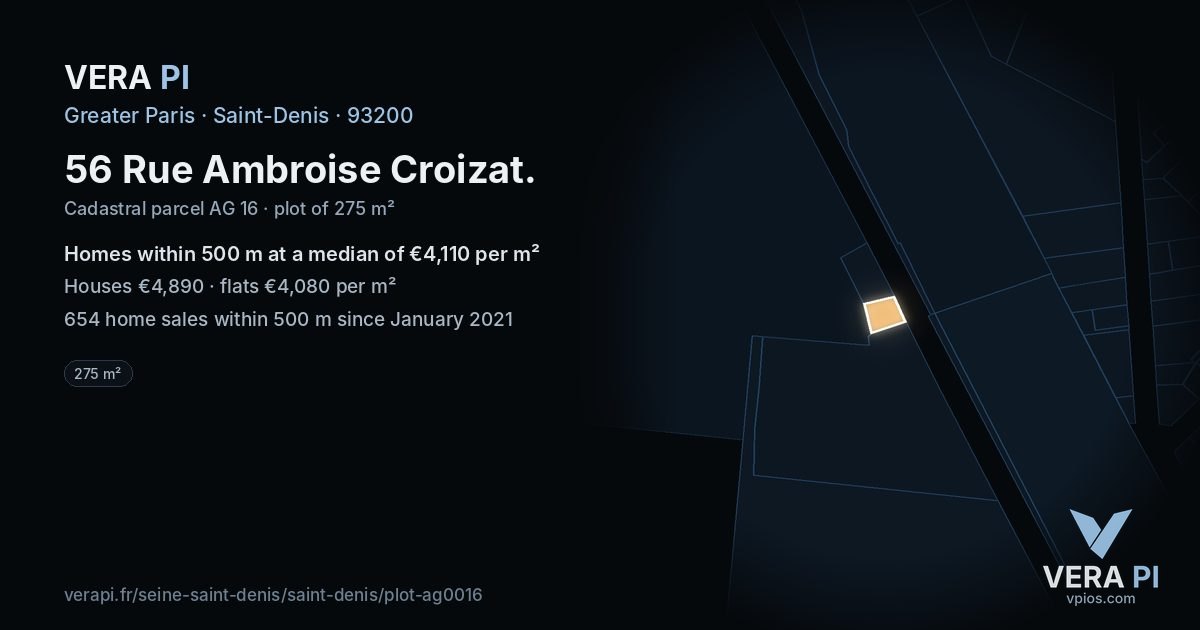 56 Rue Ambroise Croizat, Saint-Denis at night – the plot lit, the parcels around coloured by the prices near them