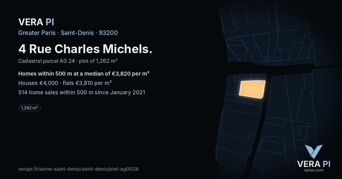 4 Rue Charles Michels, Saint-Denis at night – the plot lit, the parcels around coloured by the prices near them