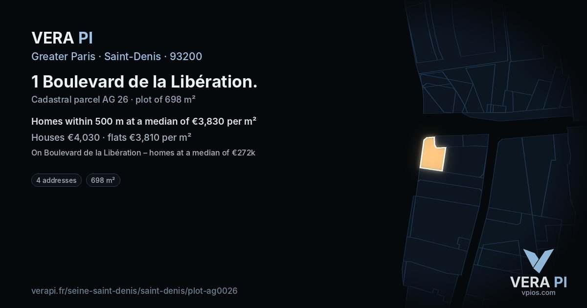 1 Boulevard de la Libération, Saint-Denis at night – the plot lit, the parcels around coloured by the prices near them