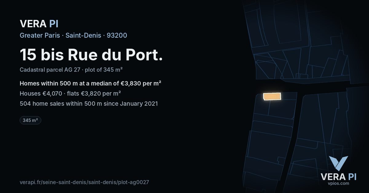 15 bis Rue du Port, Saint-Denis at night – the plot lit, the parcels around coloured by the prices near them