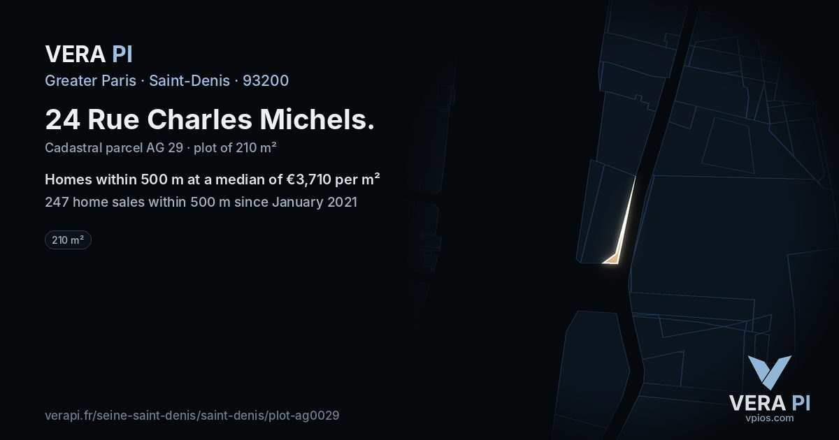 24 Rue Charles Michels, Saint-Denis at night – the plot lit, the parcels around coloured by the prices near them