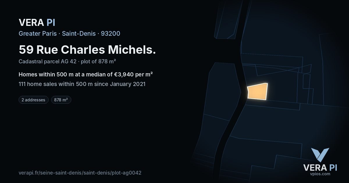 59 Rue Charles Michels, Saint-Denis at night – the plot lit, the parcels around coloured by the prices near them