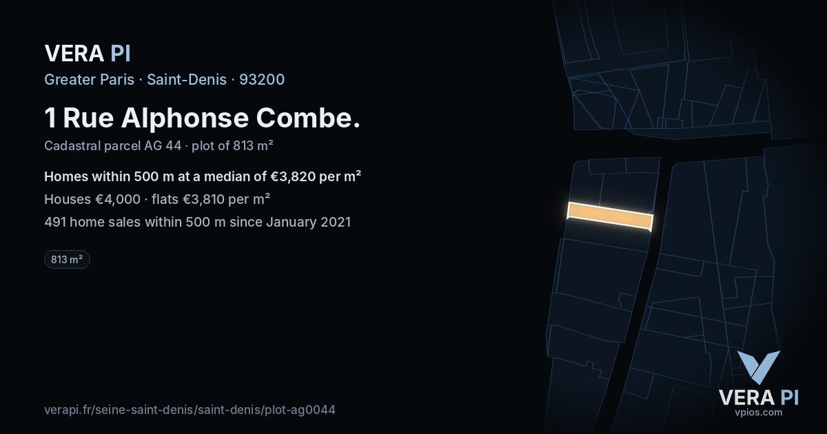 1 Rue Alphonse Combe, Saint-Denis at night – the plot lit, the parcels around coloured by the prices near them