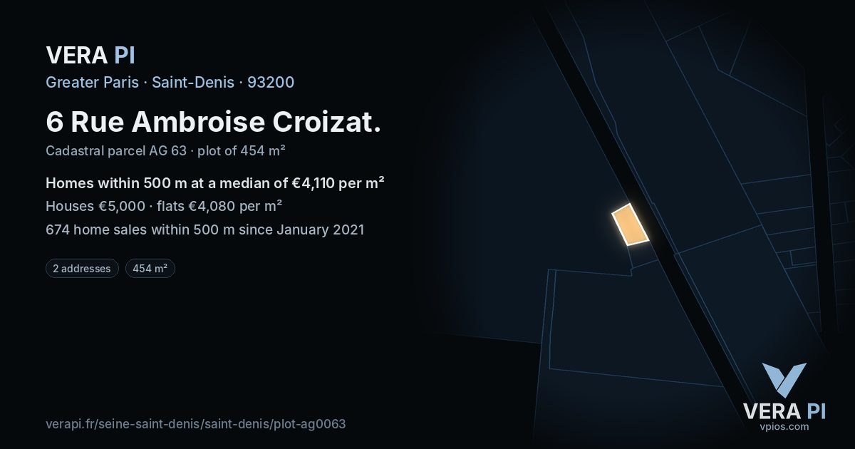 6 Rue Ambroise Croizat, Saint-Denis at night – the plot lit, the parcels around coloured by the prices near them