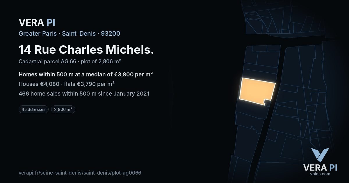 14 Rue Charles Michels, Saint-Denis at night – the plot lit, the parcels around coloured by the prices near them