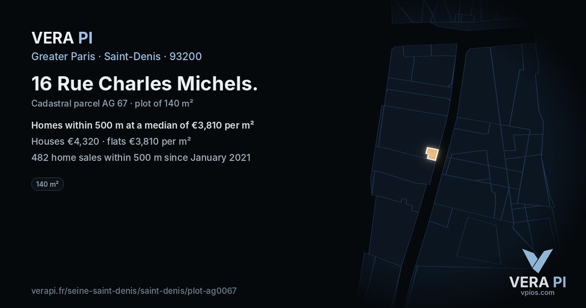16 Rue Charles Michels, Saint-Denis at night – the plot lit, the parcels around coloured by the prices near them