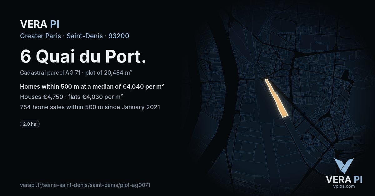 6 Quai du Port, Saint-Denis at night – the plot lit, the parcels around coloured by the prices near them