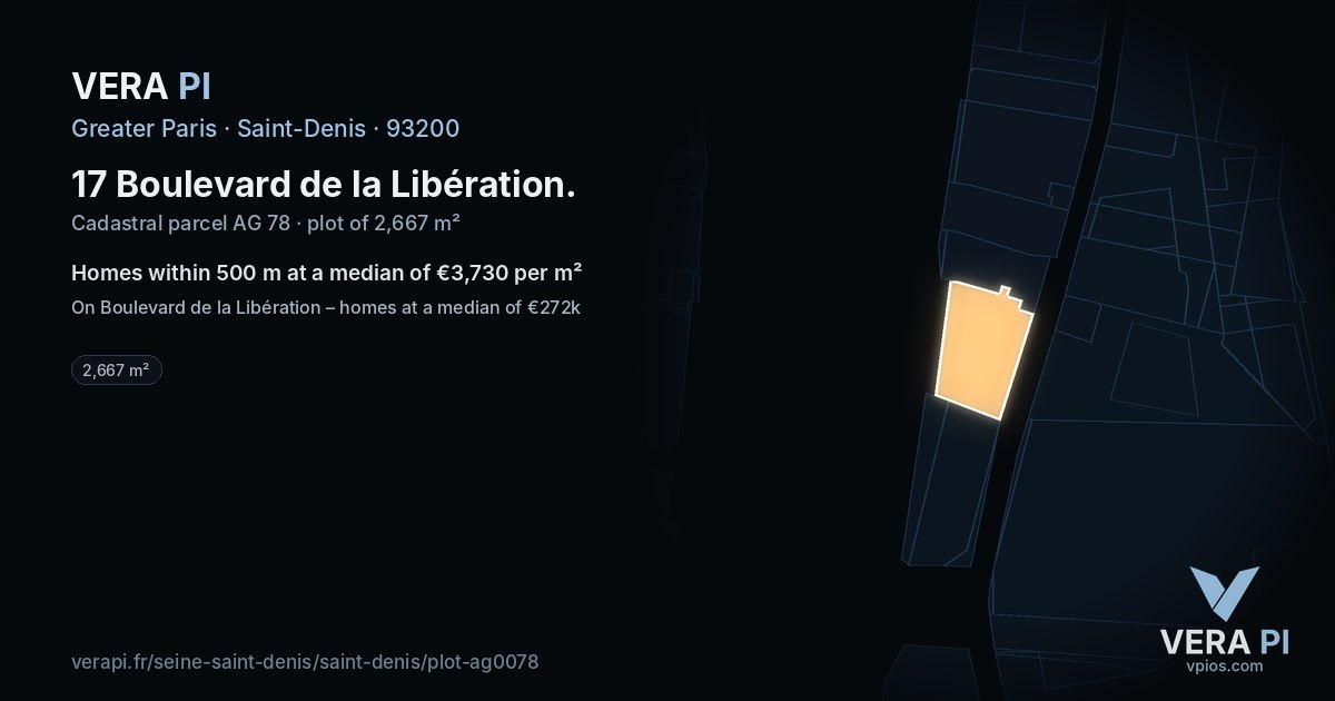 17 Boulevard de la Libération, Saint-Denis at night – the plot lit, the parcels around coloured by the prices near them