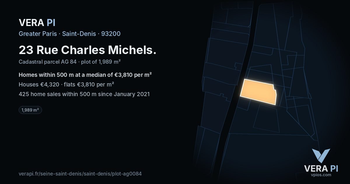 23 Rue Charles Michels, Saint-Denis at night – the plot lit, the parcels around coloured by the prices near them
