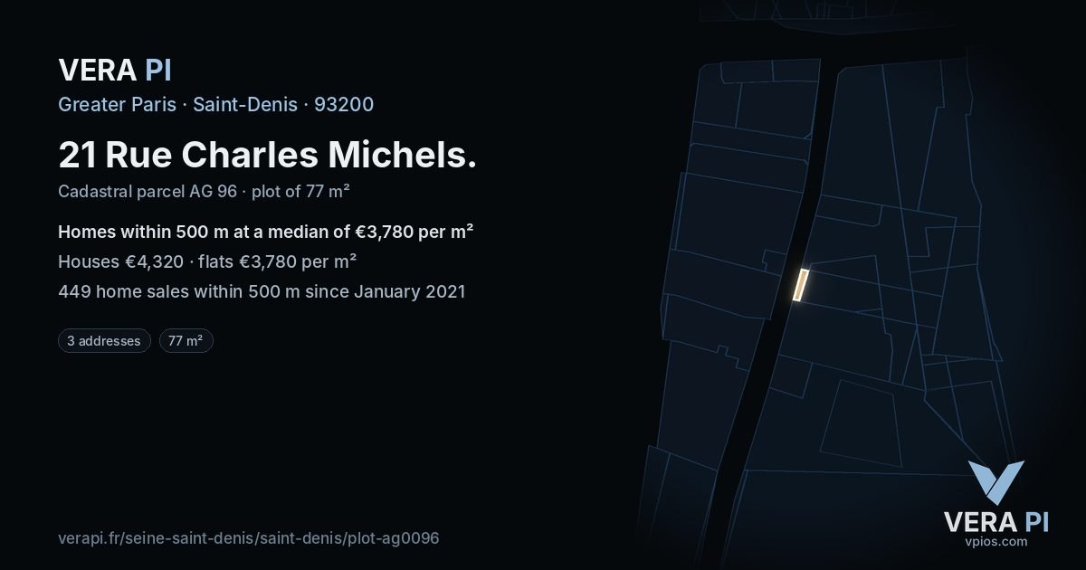 21 Rue Charles Michels, Saint-Denis at night – the plot lit, the parcels around coloured by the prices near them