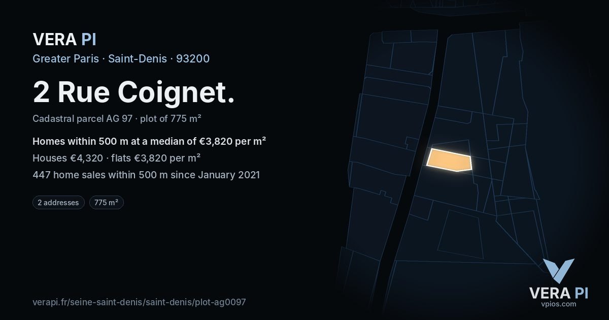 2 Rue Coignet, Saint-Denis at night – the plot lit, the parcels around coloured by the prices near them