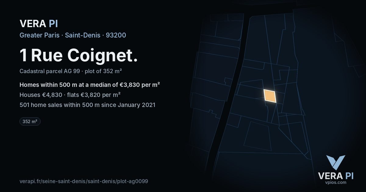 1 Rue Coignet, Saint-Denis at night – the plot lit, the parcels around coloured by the prices near them