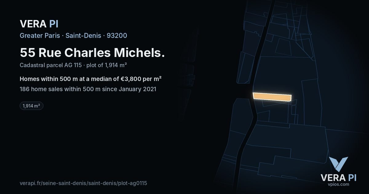 55 Rue Charles Michels, Saint-Denis at night – the plot lit, the parcels around coloured by the prices near them