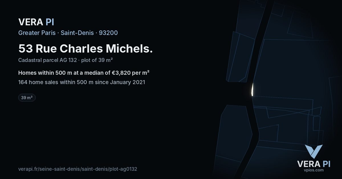 53 Rue Charles Michels, Saint-Denis at night – the plot lit, the parcels around coloured by the prices near them