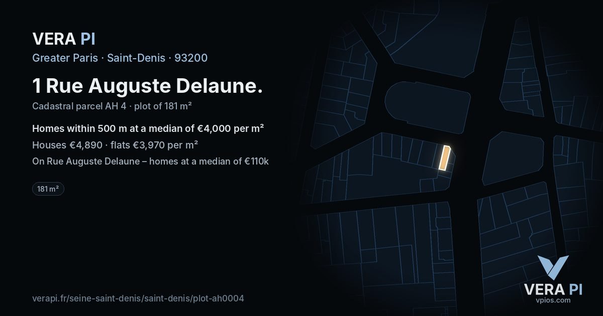 1 Rue Auguste Delaune, Saint-Denis at night – the plot lit, the parcels around coloured by the prices near them