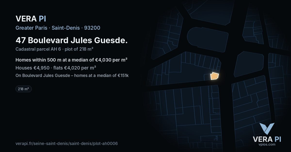 47 Boulevard Jules Guesde, Saint-Denis at night – the plot lit, the parcels around coloured by the prices near them