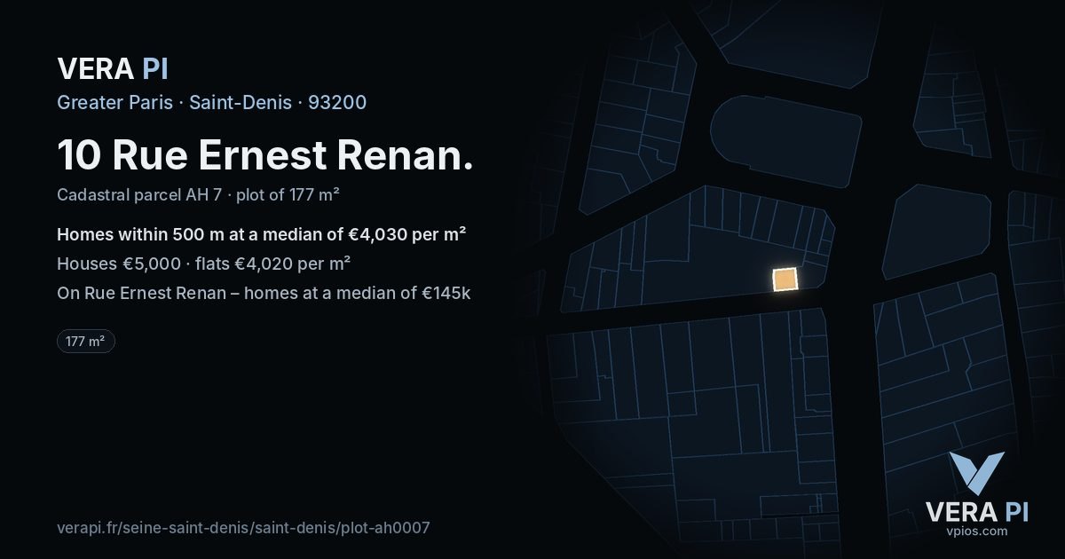 10 Rue Ernest Renan, Saint-Denis at night – the plot lit, the parcels around coloured by the prices near them